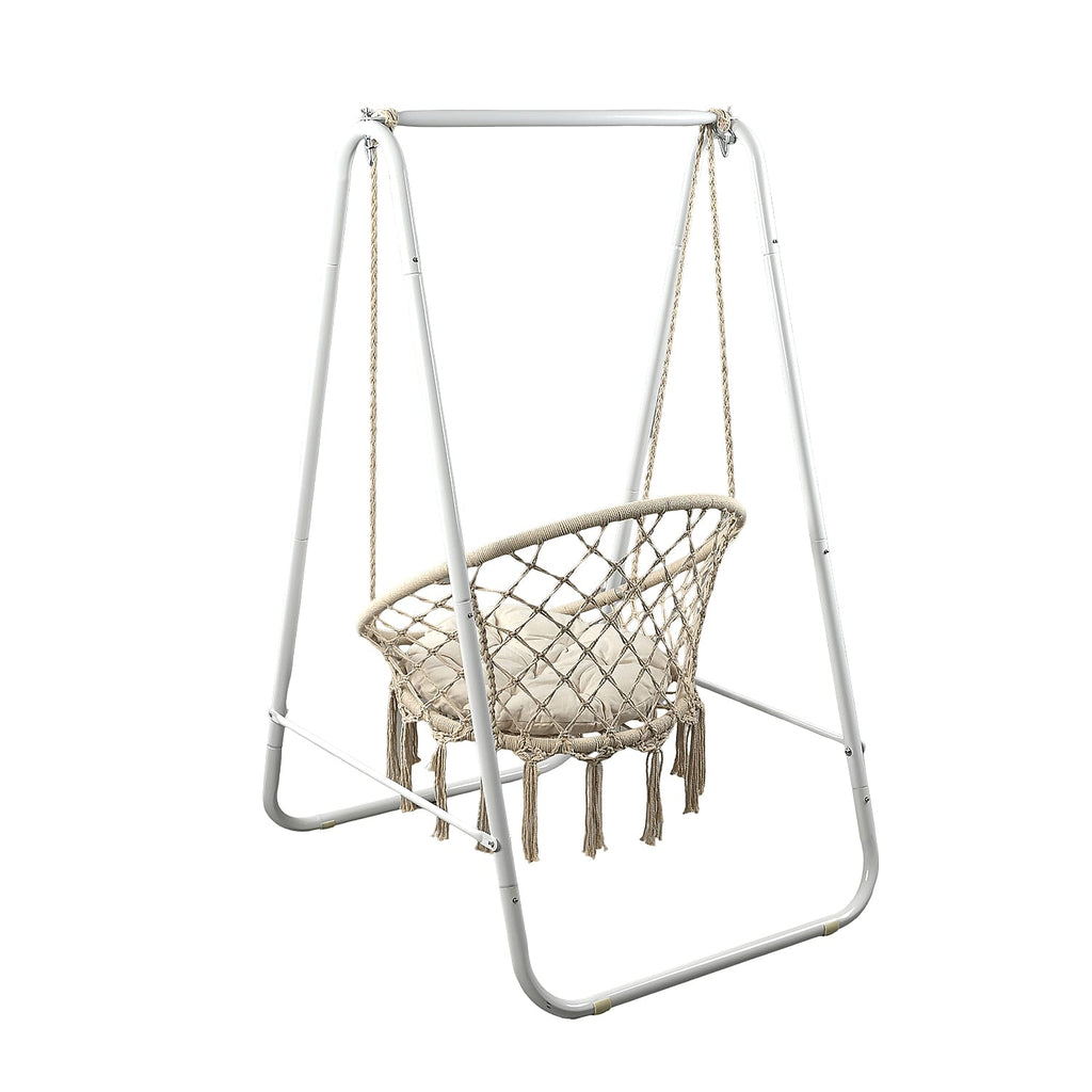 Boho Macrame Garden Hanging Egg Chair with Stand - Cream