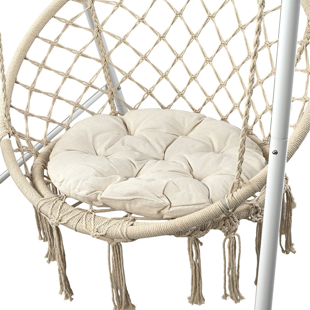 Boho Macrame Garden Hanging Egg Chair with Stand - Cream