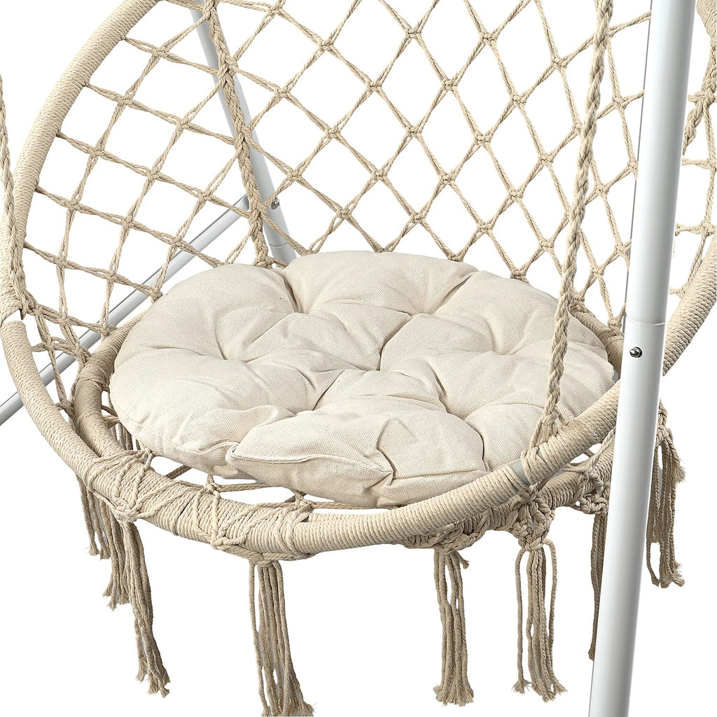 Boho Macrame Garden Hanging Egg Chair with Stand - Cream