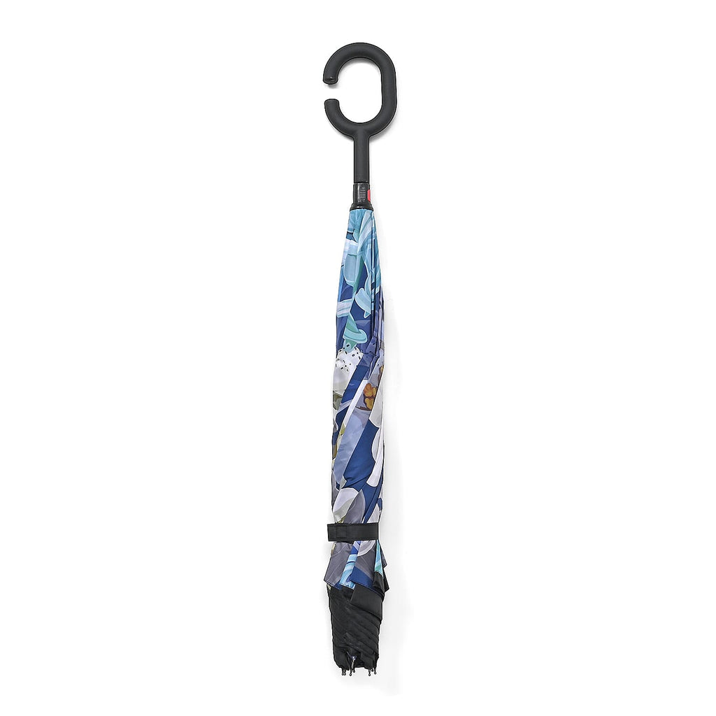 Reverse Flower Pattern Umbrella with C-Shaped Handle - Navy