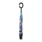 Reverse Flower Pattern Umbrella with C-Shaped Handle - Navy