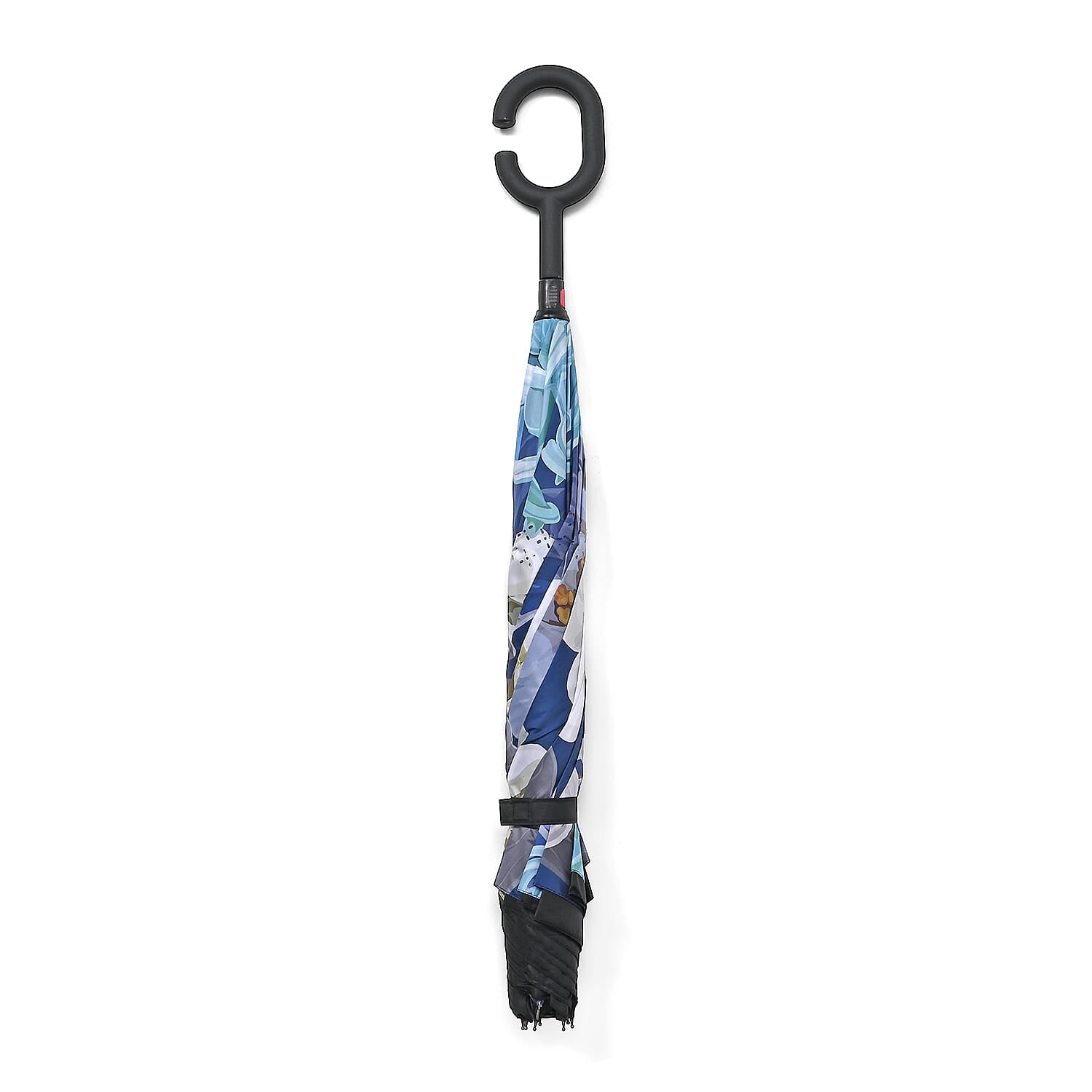 Reverse Flower Pattern Umbrella with C-Shaped Handle - Navy
