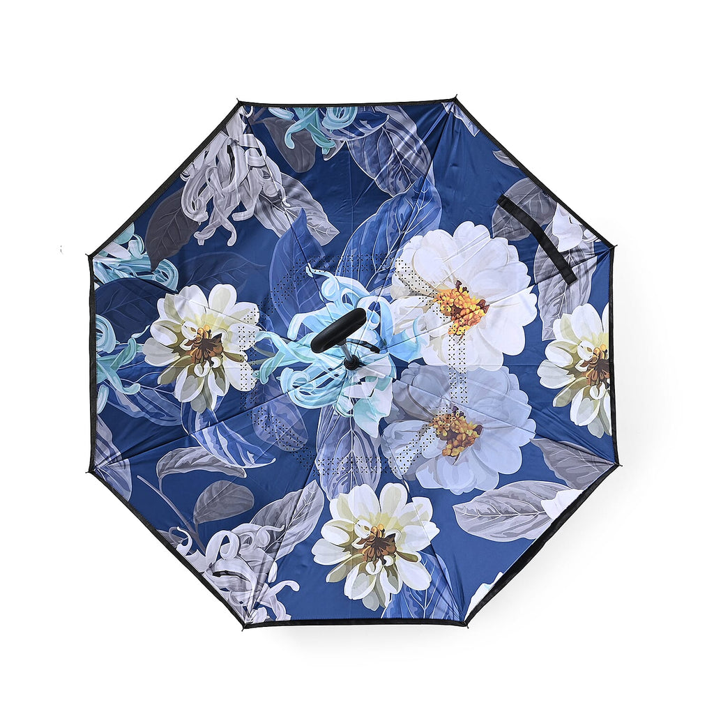 Reverse Flower Pattern Umbrella with C-Shaped Handle - Navy