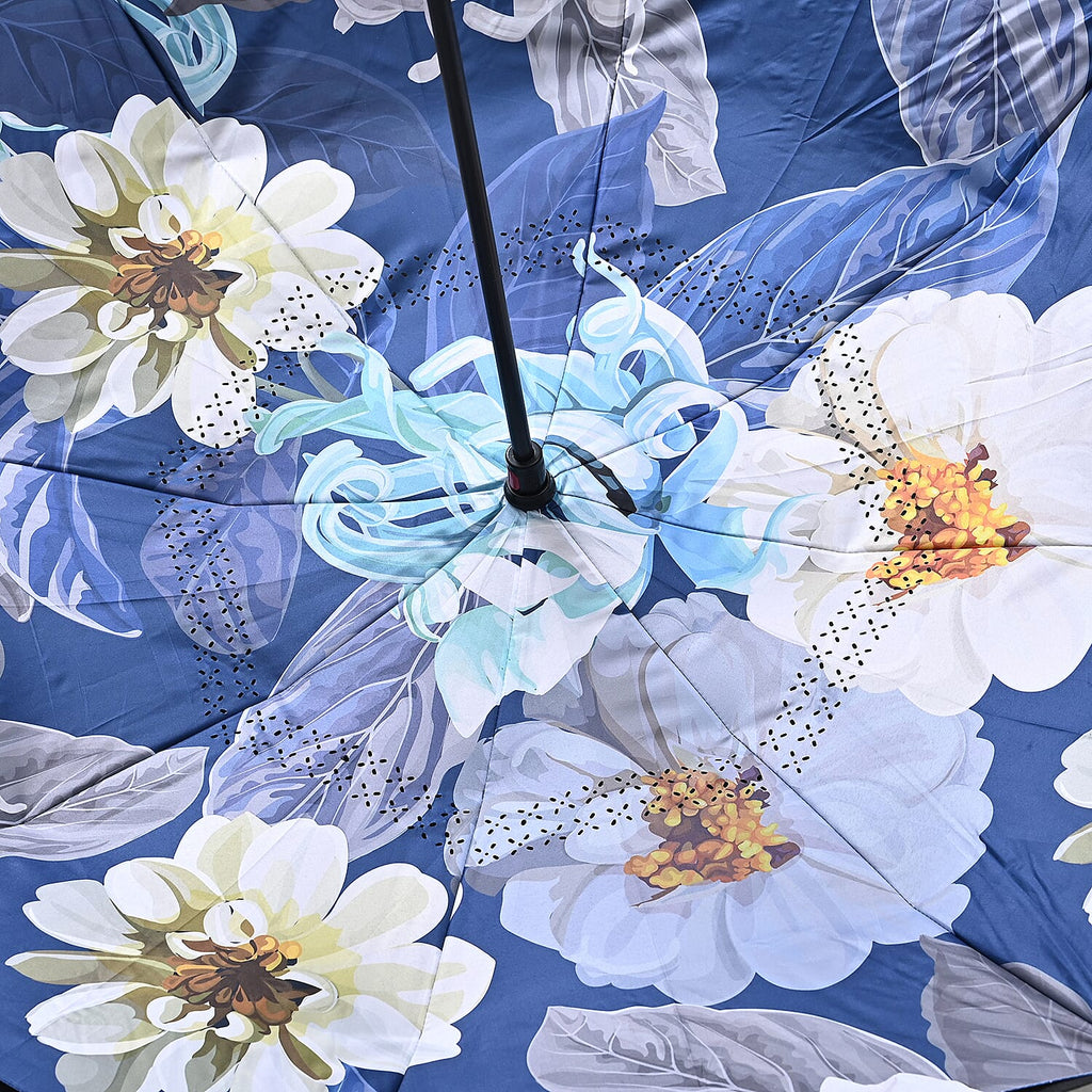 Reverse Flower Pattern Umbrella with C-Shaped Handle - Navy