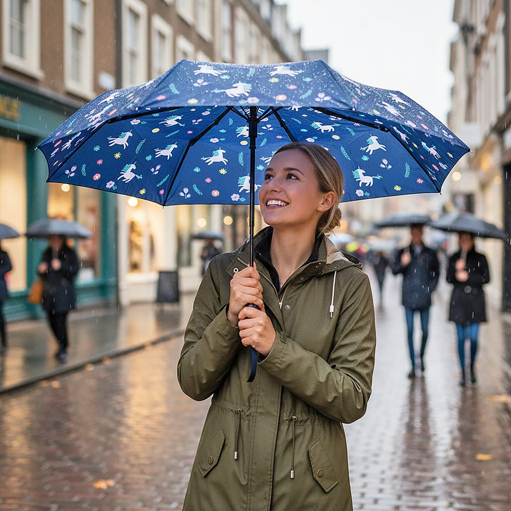 Colour-Changing Unicorn Print Umbrella - Navy