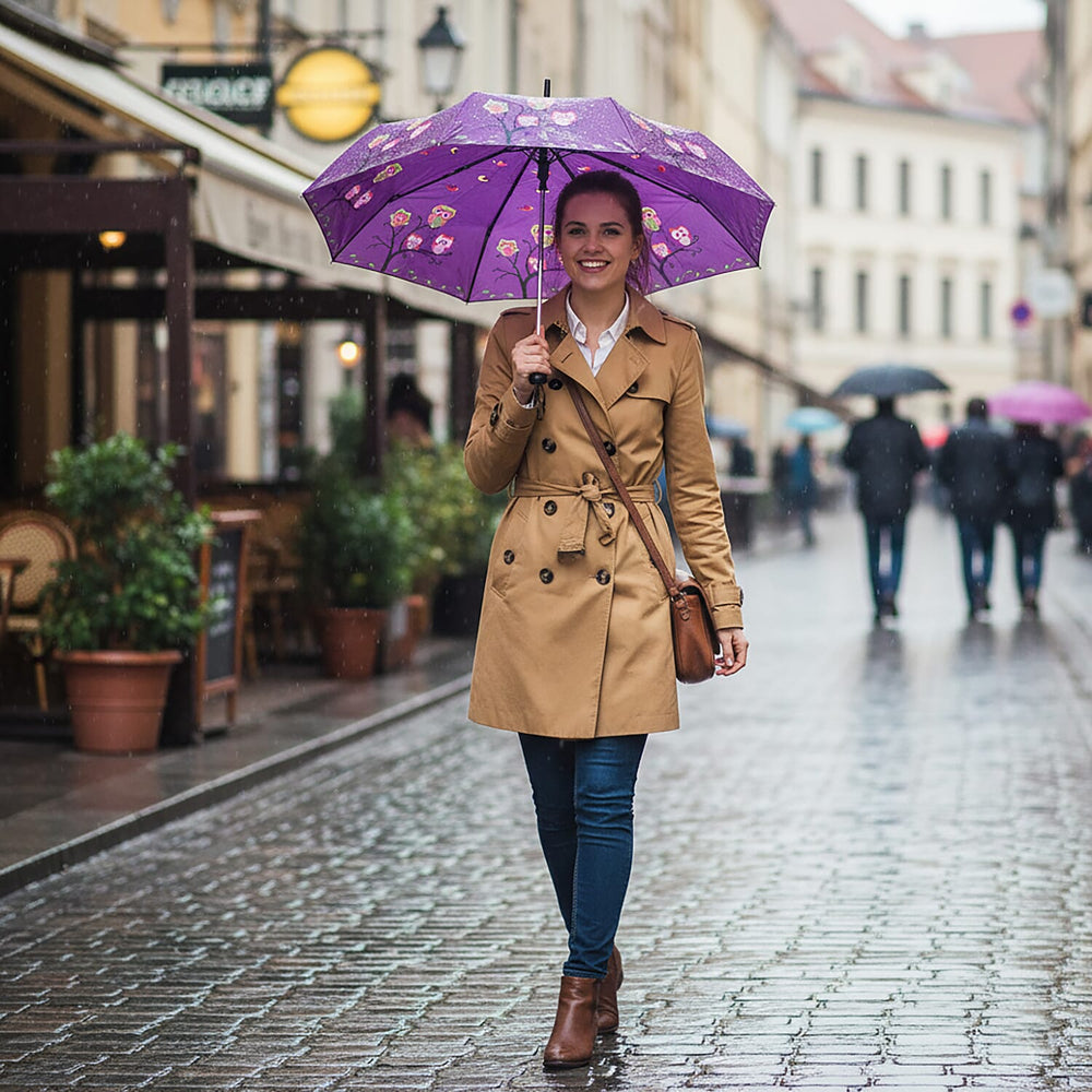Colour-Changing Owl Print Umbrella - Purple