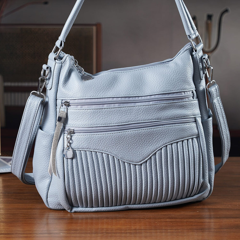 Pleated Structure Satchel Shoulder Bag with Top Handles - Baby Blue
