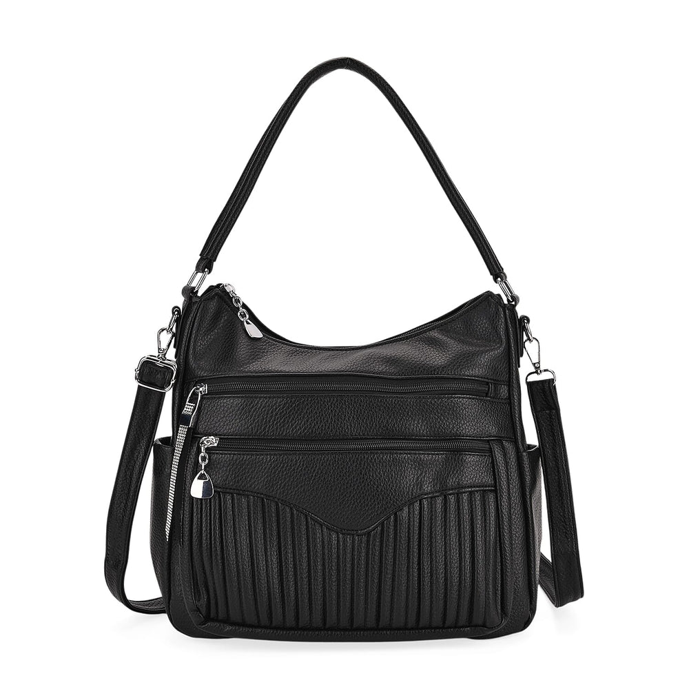Pleated Structure Satchel Shoulder Bag with Top Handles - Black