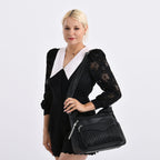 Pleated Structure Satchel Shoulder Bag with Top Handles - Black