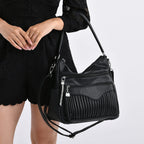 Pleated Structure Satchel Shoulder Bag with Top Handles - Black