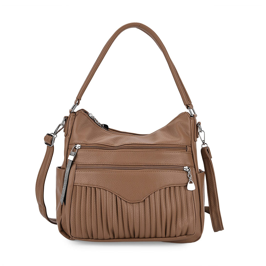 Pleated Structure Satchel Shoulder Bag with Top Handles - Brown