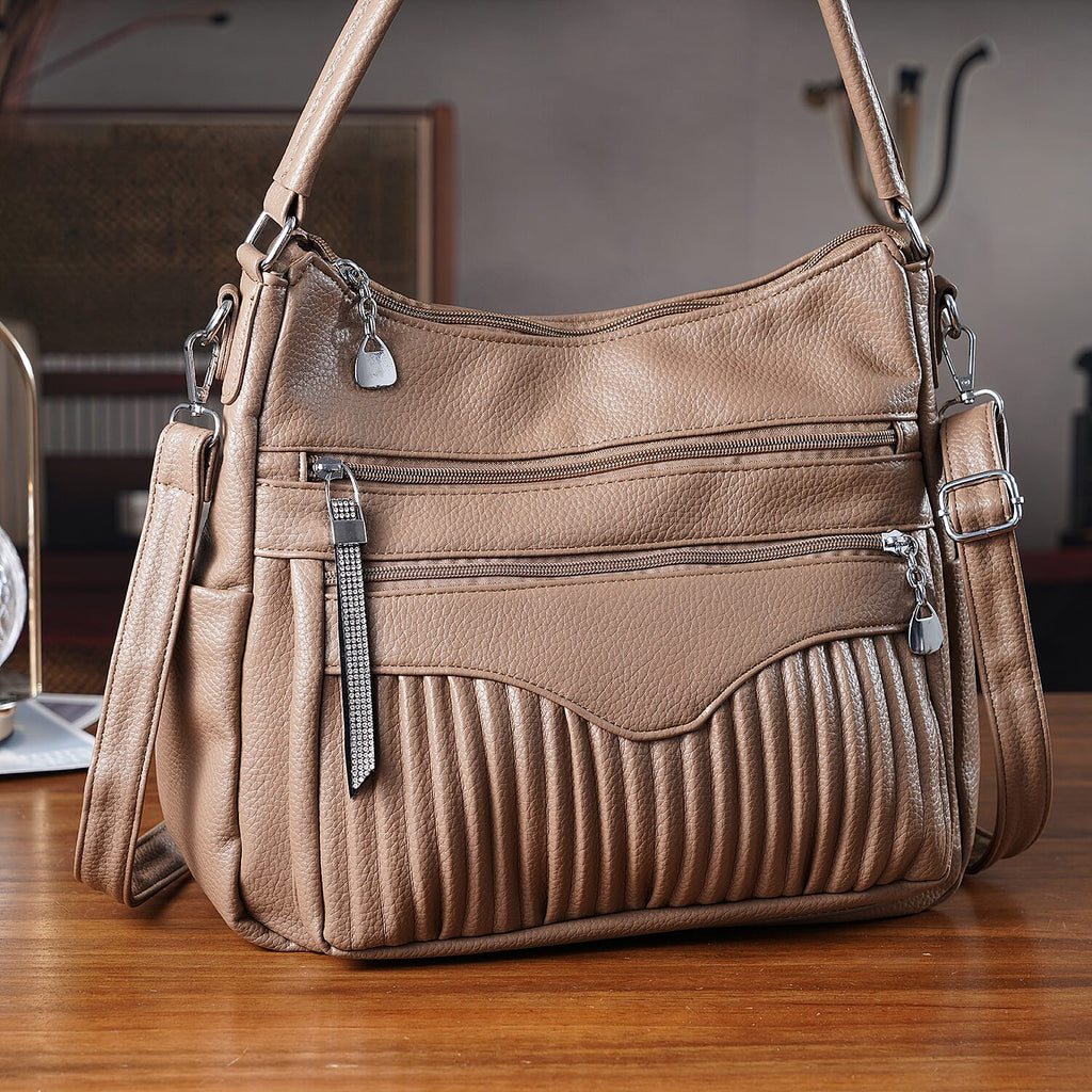 Pleated Structure Satchel Shoulder Bag with Top Handles - Brown