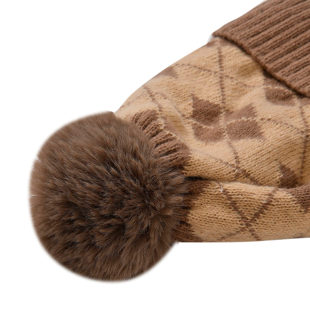 Plush Lined Pom Beanie Hat with Scarf Set - Brown