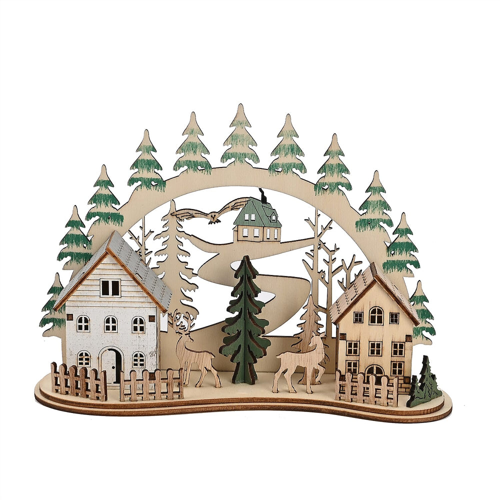 Wooden House With Christmas Trees - 3 LED Lights (3xLR44 Battery, Not Inc.)