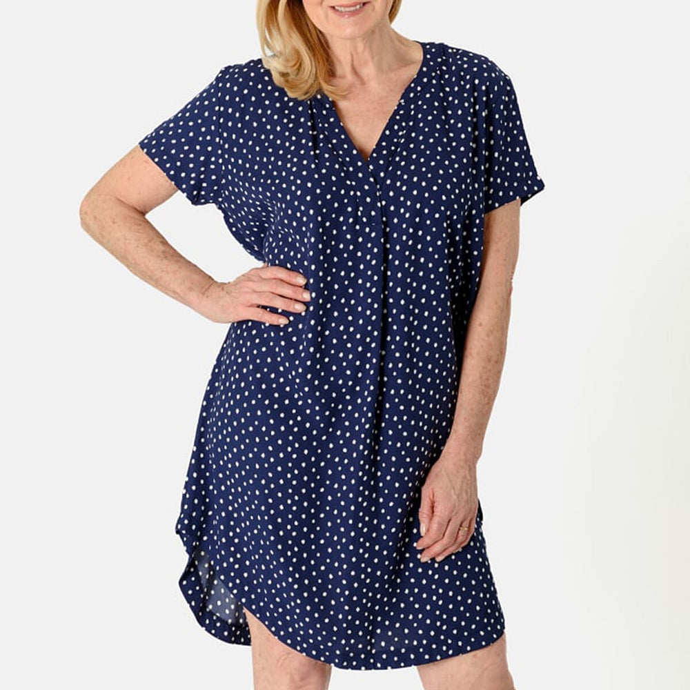 Marina Kaneva Simple & Stylish V-Neck Polka Dot Dress with Short Sleeves (Size 22) - Navy