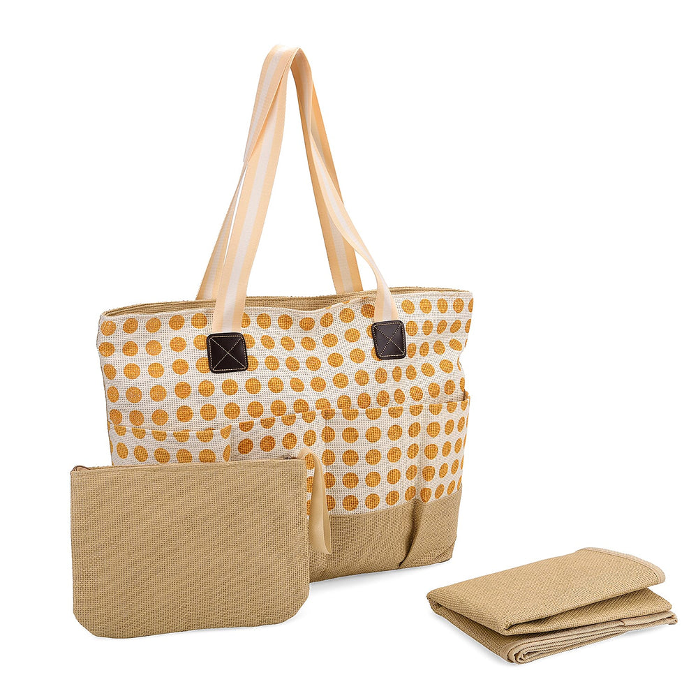 Set of 3- Polka Dot Pattern Tote Bag, Pouch - Picnic Mat - Yellow