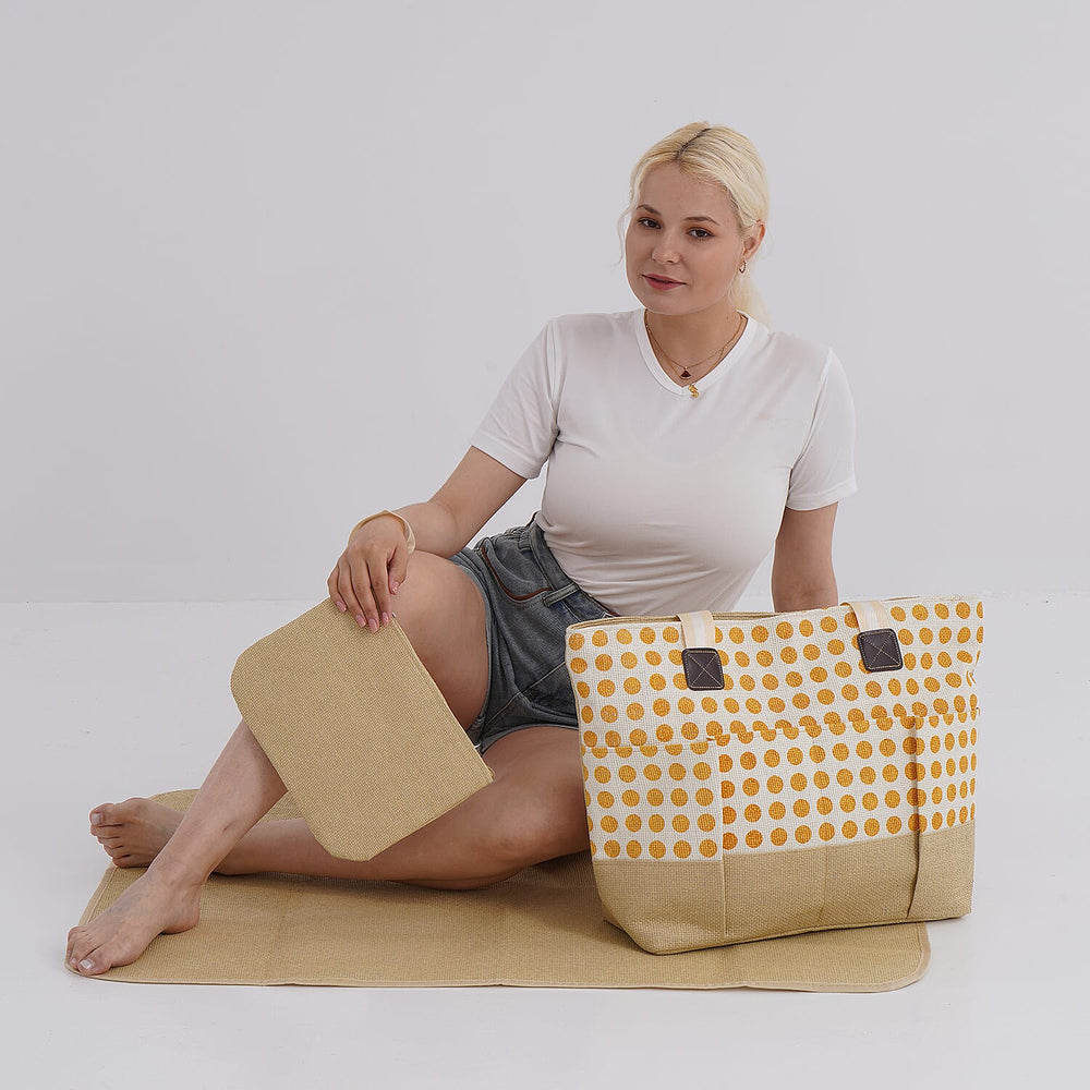 Set of 3- Polka Dot Pattern Tote Bag, Pouch - Picnic Mat - Yellow