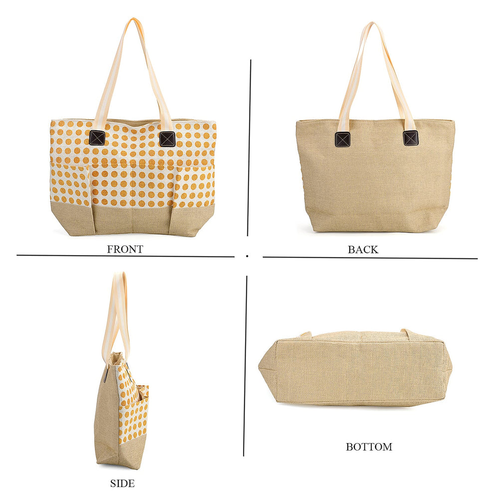 Set of 3- Polka Dot Pattern Tote Bag, Pouch - Picnic Mat - Yellow