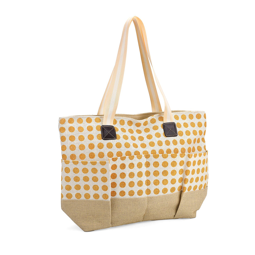 Set of 3- Polka Dot Pattern Tote Bag, Pouch - Picnic Mat - Yellow