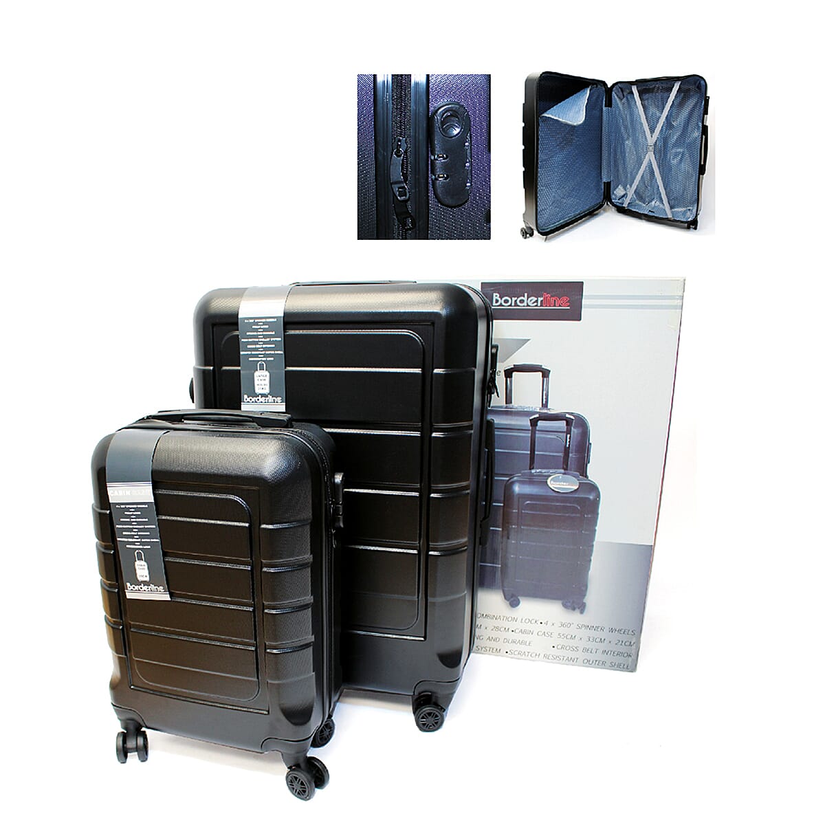 Set of 2 - Durable Hard Shell 4 Wheel Suitcases with Soft Grip Handles - Black