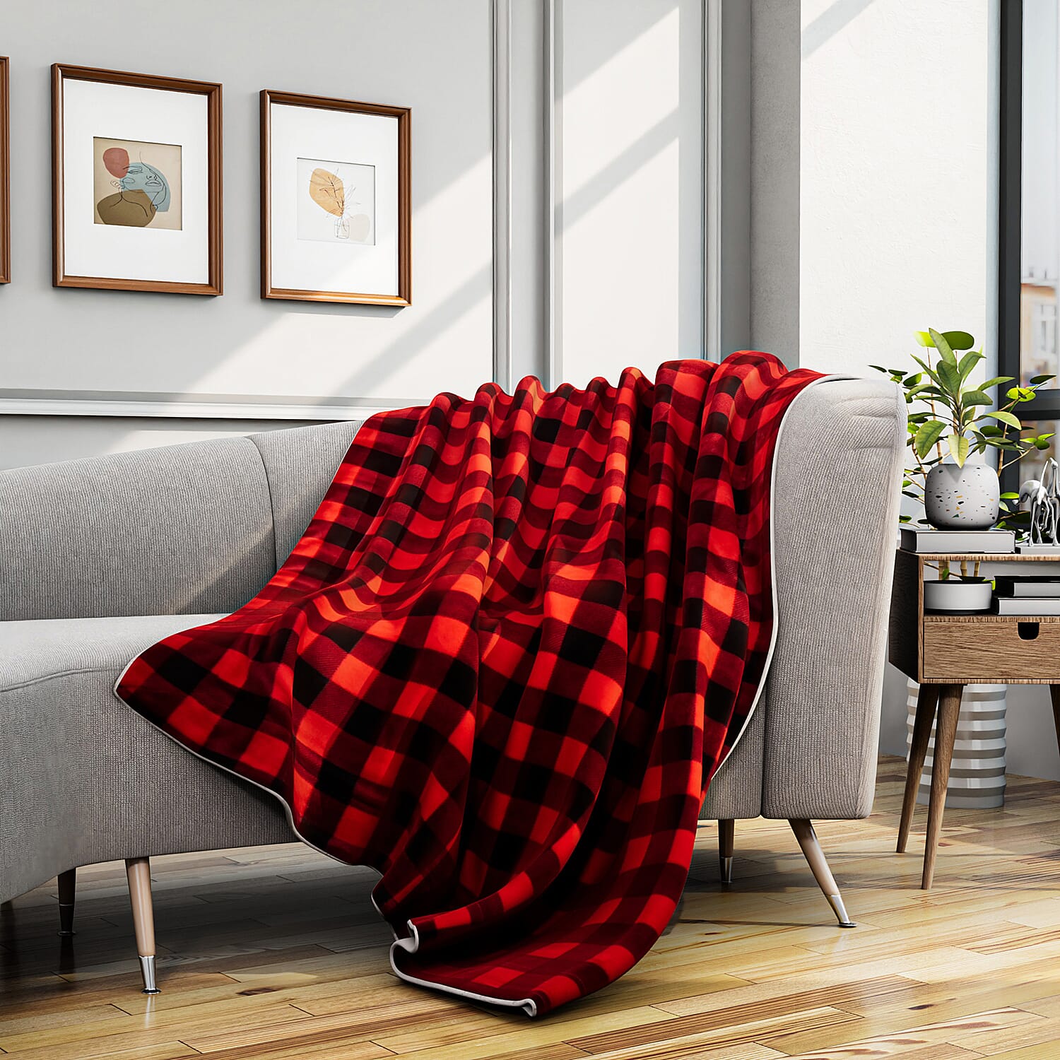 Super Soft Faux Fur Sherpa Double Layer Red Checkered Blanket (Size 150x200cm).