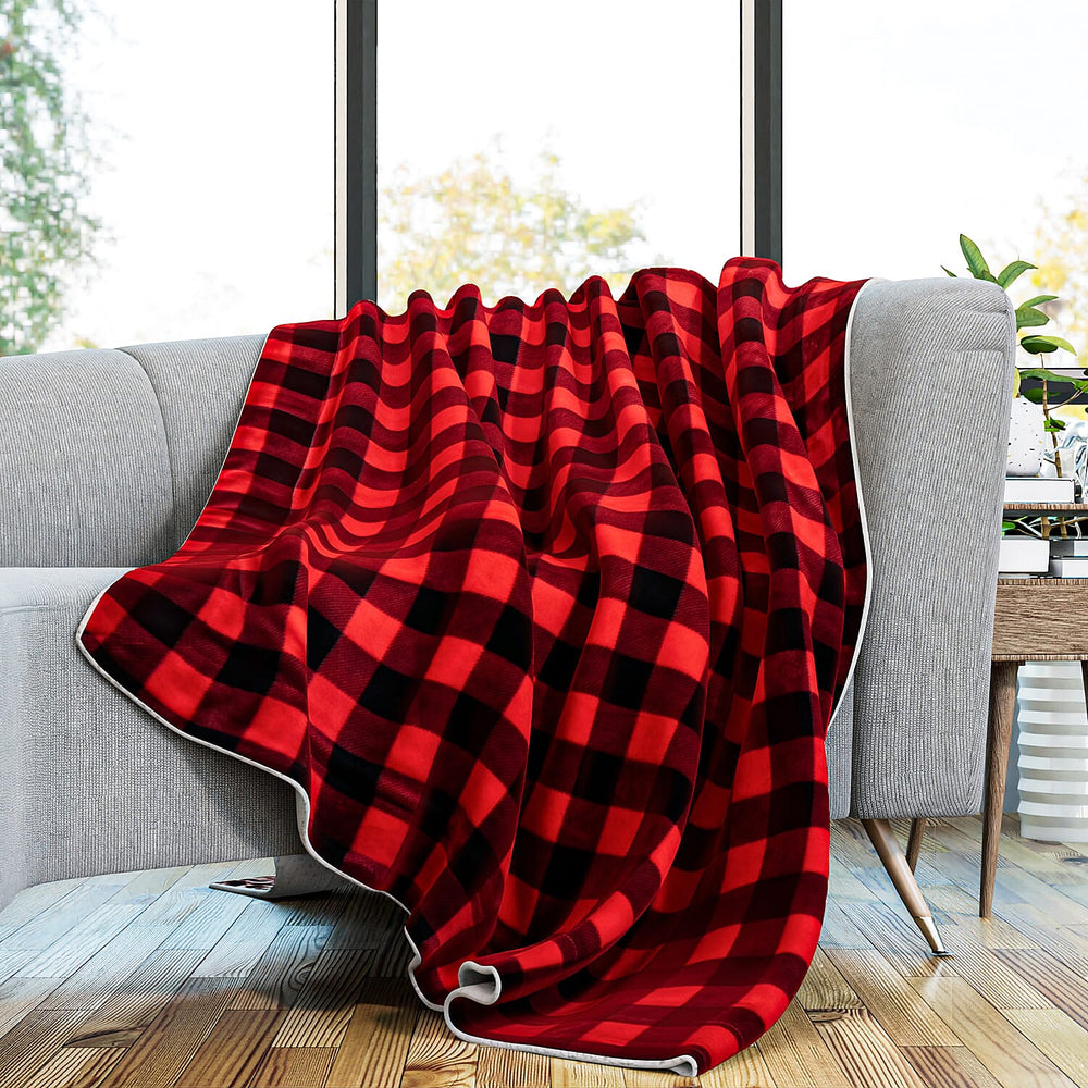 Super Soft Faux Fur Sherpa Double Layer Red Checkered Blanket (Size 150x200cm).