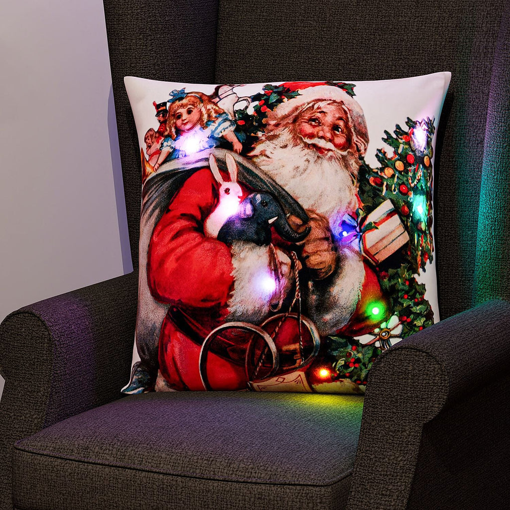Santa Printed LED Cushion Cover with Filling - Red - (Requires 2AA Batteries - Not Incld)