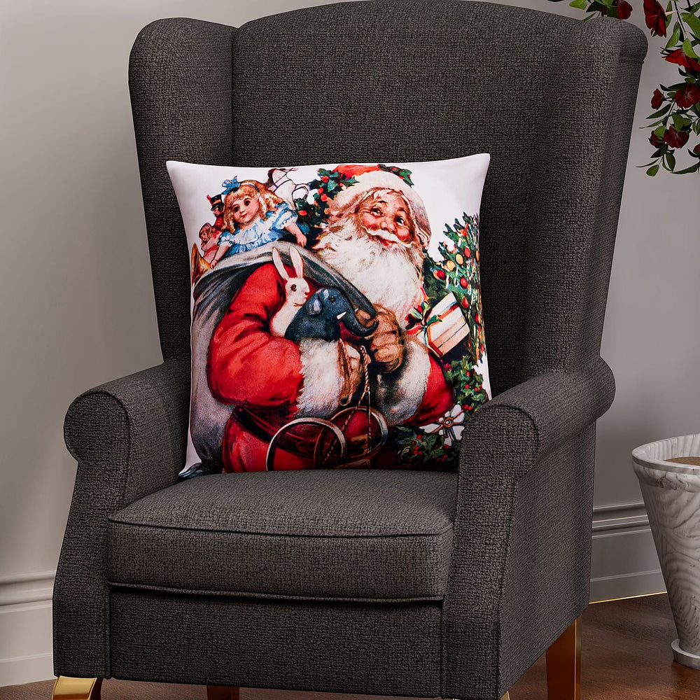 Santa Printed LED Cushion Cover with Filling - Red - (Requires 2AA Batteries - Not Incld)