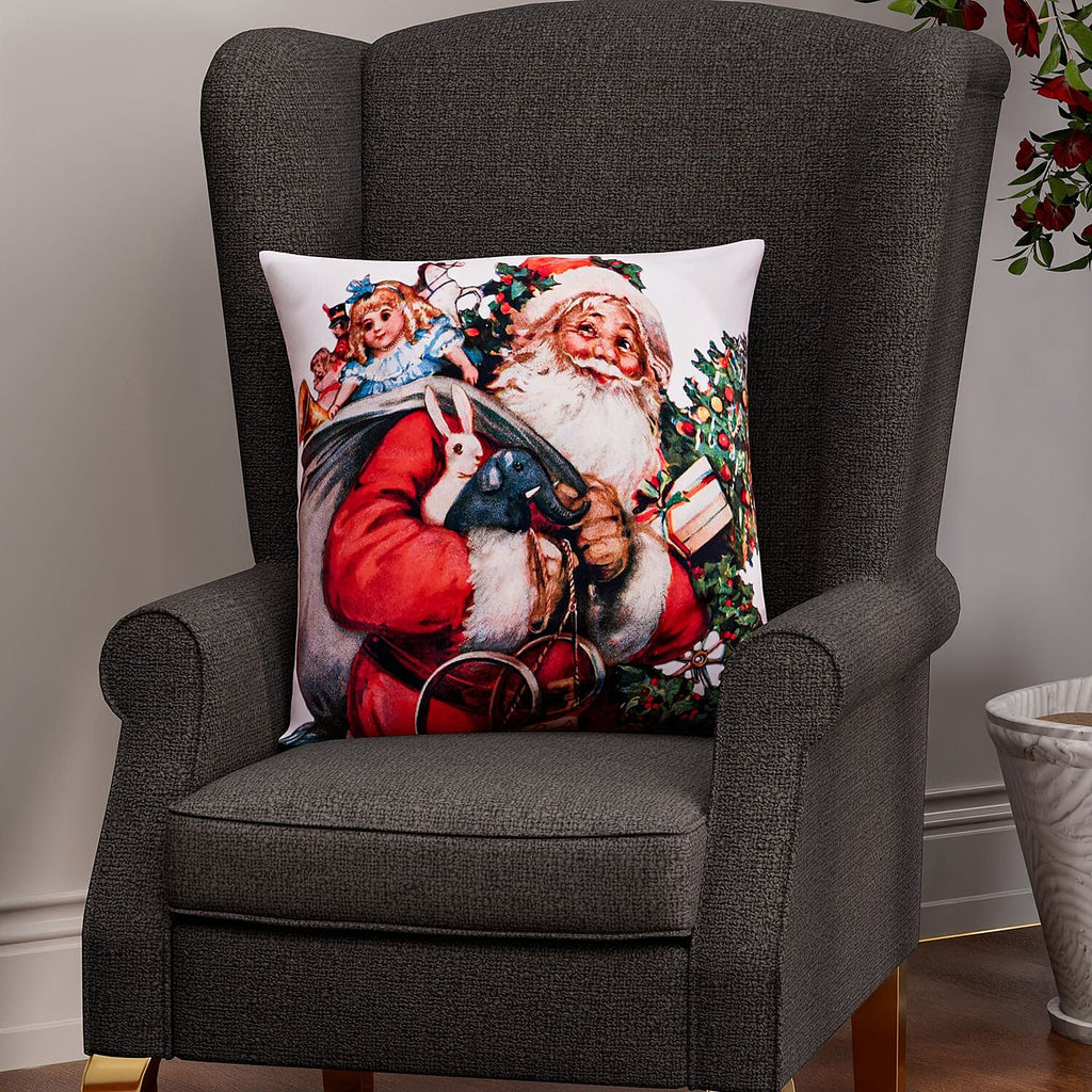 Santa Printed LED Cushion Cover with Filling - Red - (Requires 2AA Batteries - Not Incld)
