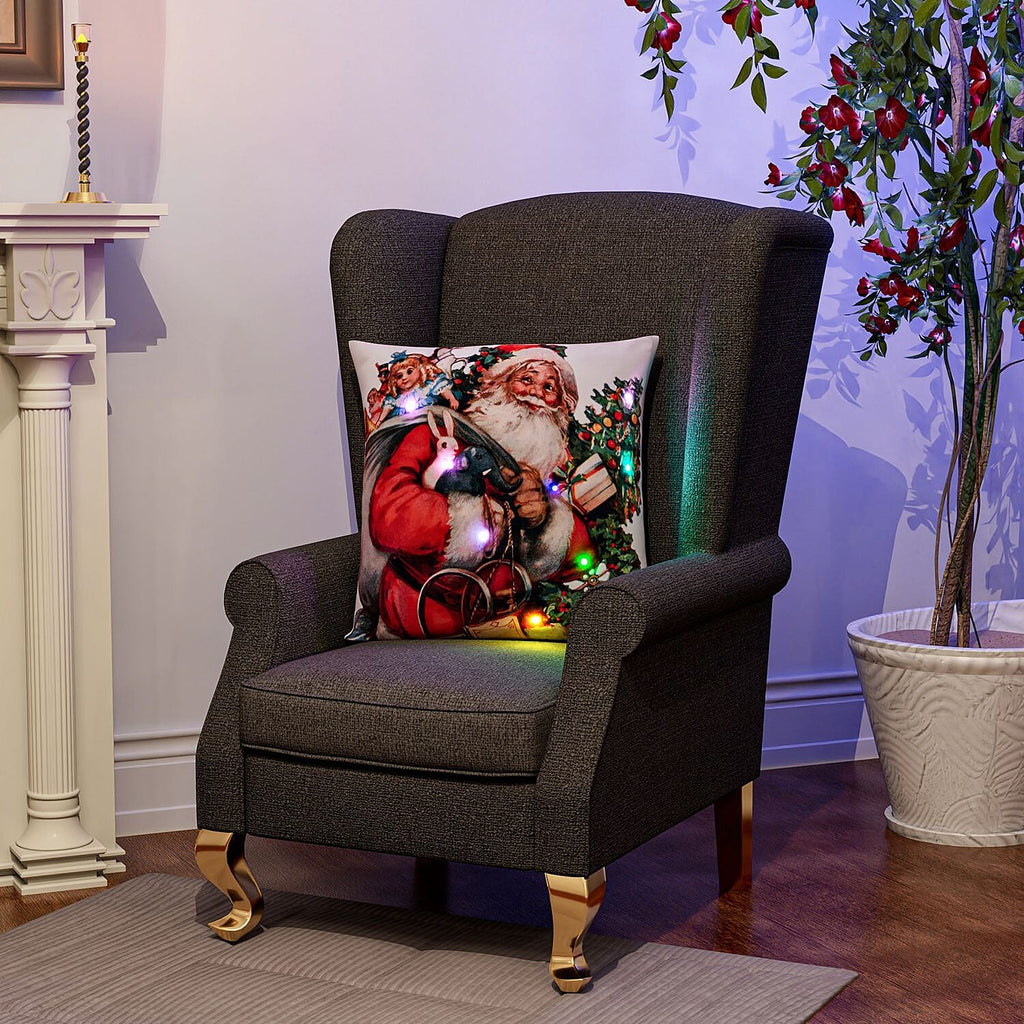 Santa Printed LED Cushion Cover with Filling - Red - (Requires 2AA Batteries - Not Incld)