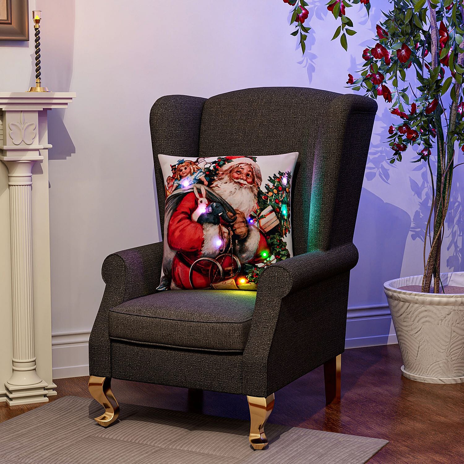 Santa Printed LED Cushion Cover with Filling - Red - (Requires 2AA Batteries - Not Incld)