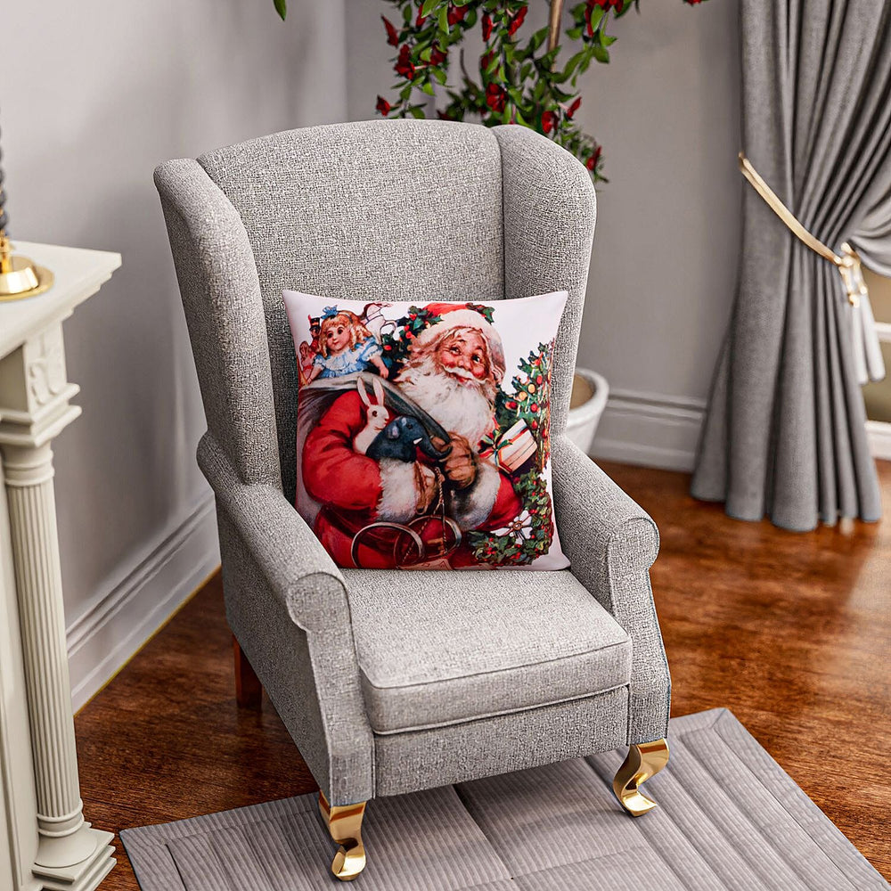 Santa Printed LED Cushion Cover with Filling - Red - (Requires 2AA Batteries - Not Incld)