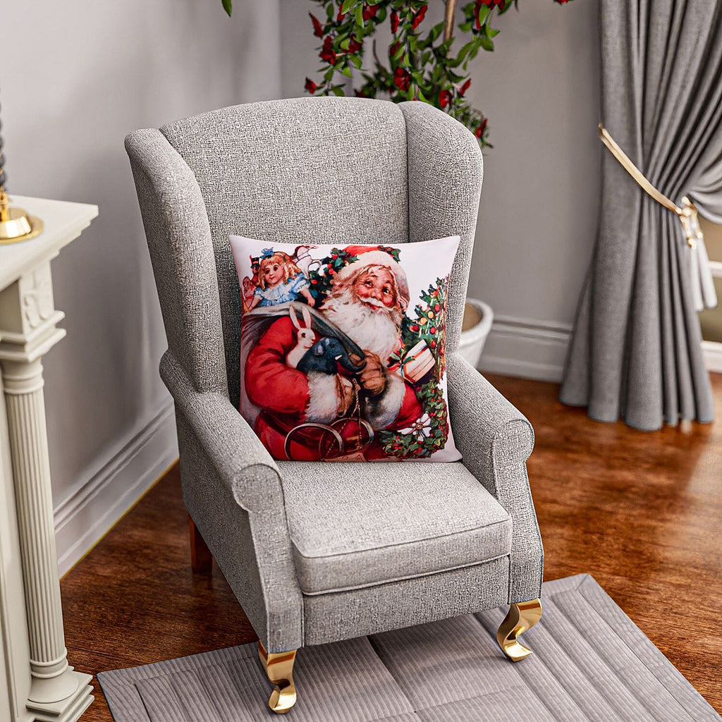 Santa Printed LED Cushion Cover with Filling - Red - (Requires 2AA Batteries - Not Incld)