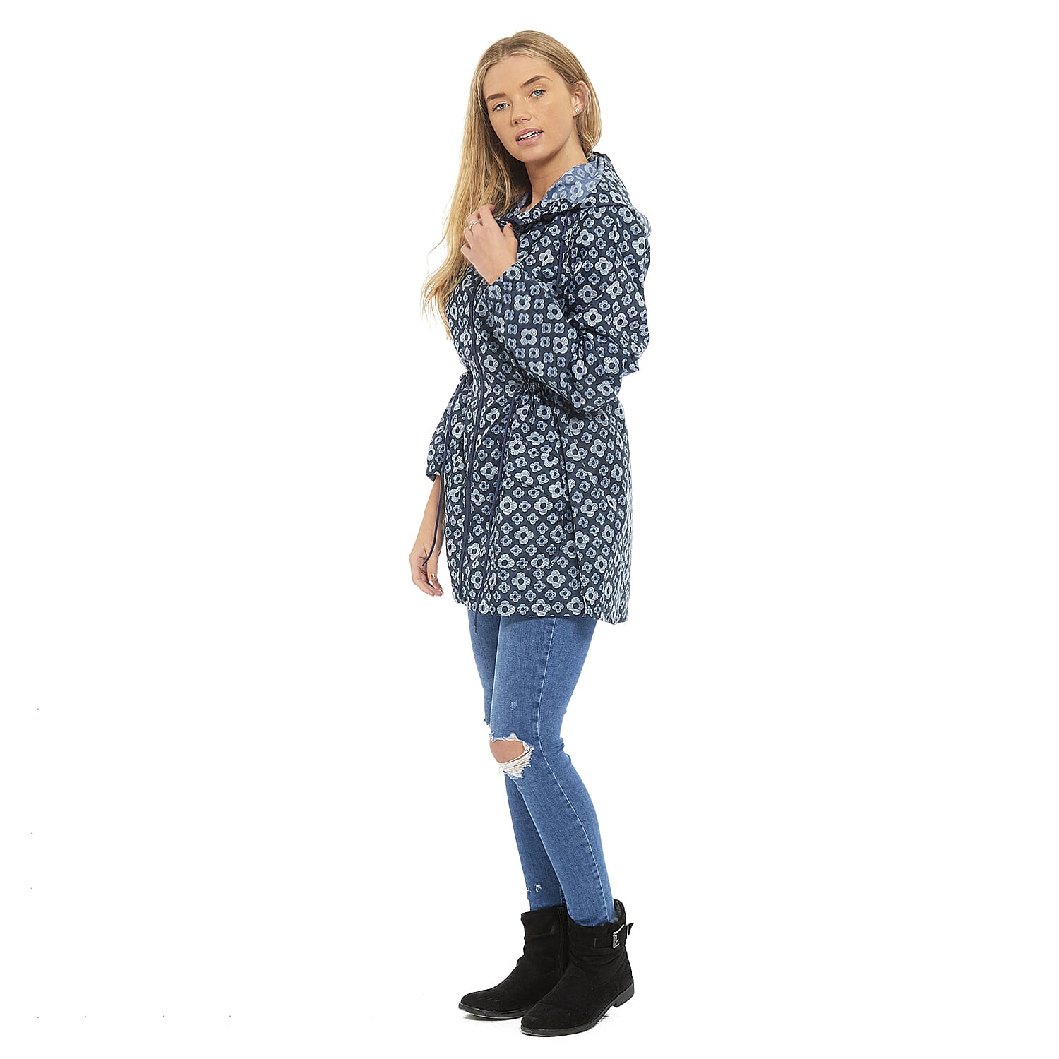 EMMA Floral Pattern Rain Jacket (Size L) - Navy