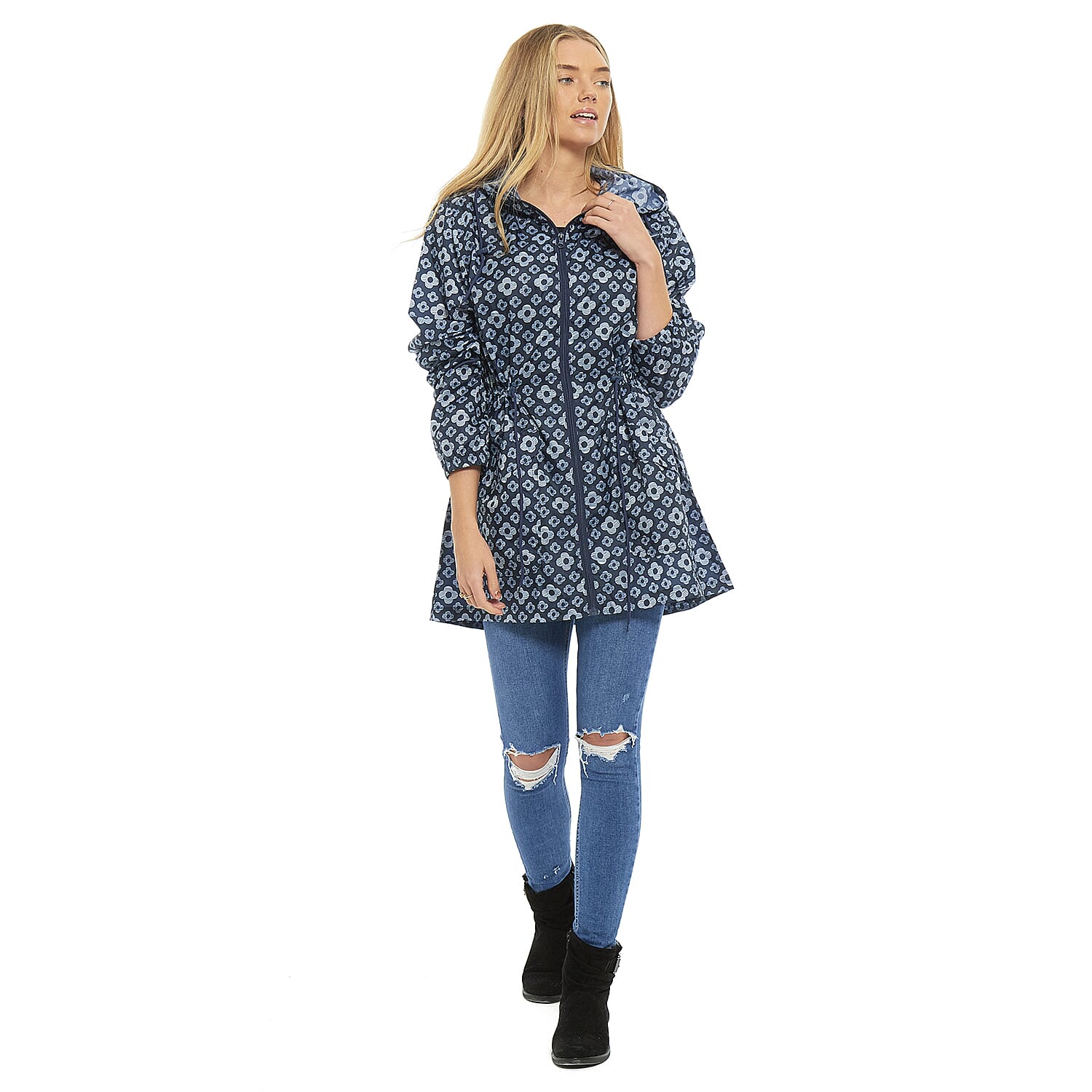 EMMA Floral Pattern Rain Jacket (Size XL) - Navy