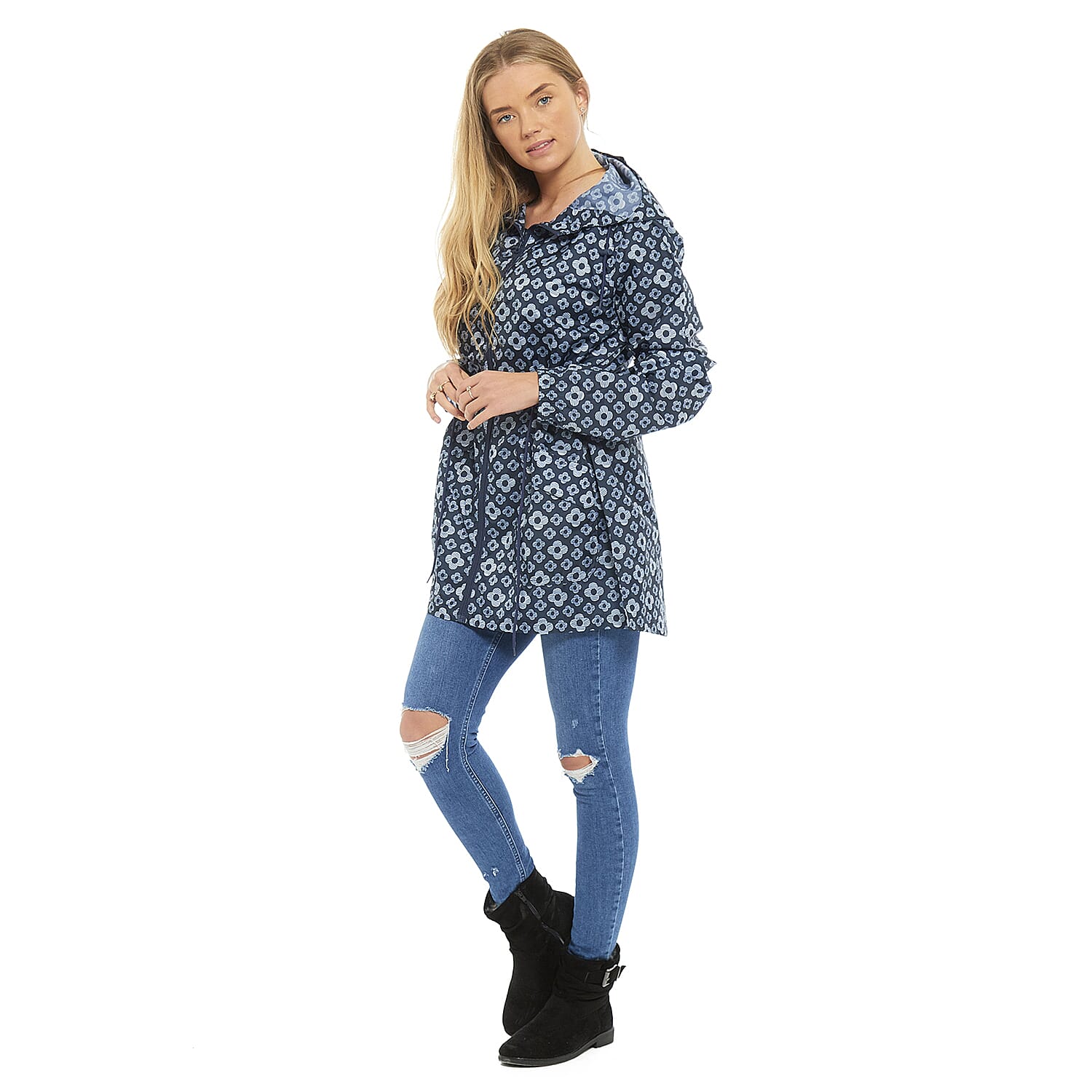 EMMA Floral Pattern Rain Jacket (Size XXL) - Navy