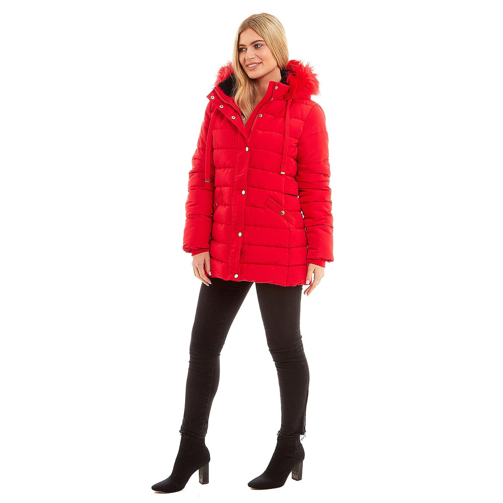 Padded Puffer Jacket with Faux Fur Hood Coat (Size 10) - Ruby Red