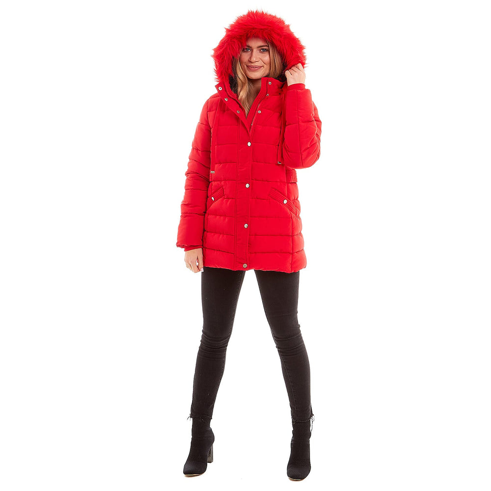 Padded Puffer Jacket with Faux Fur Hood CoatCoat (Size 14) - Ruby Red