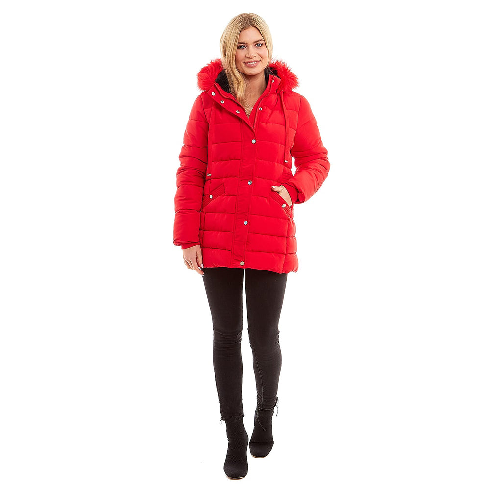 Padded Puffer Jacket with Faux Fur Hood CoatCoat (Size 16) - Ruby Red