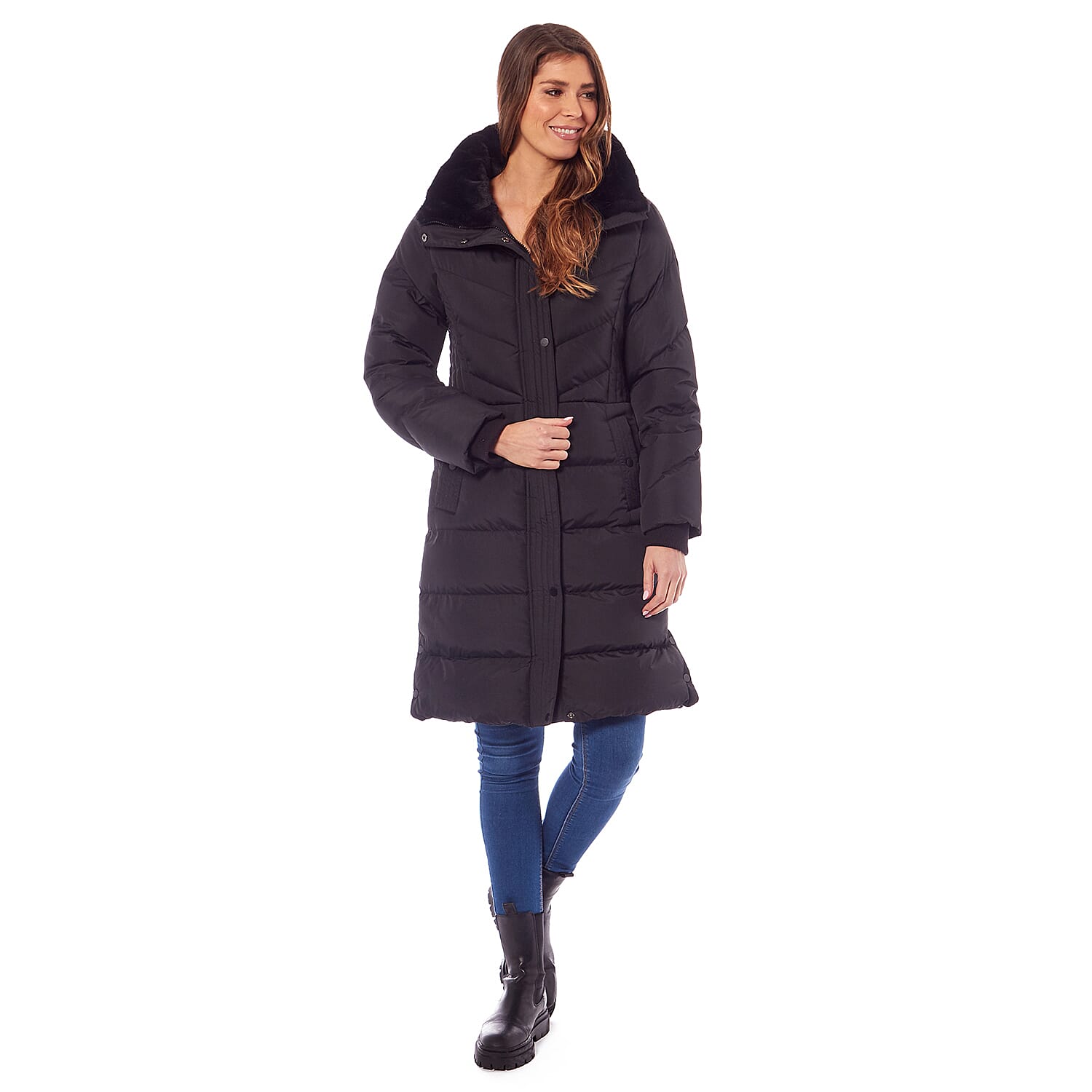 Ladies Padded Jacket With Inner Black Faux Fur Collar (Size 14) - Plum