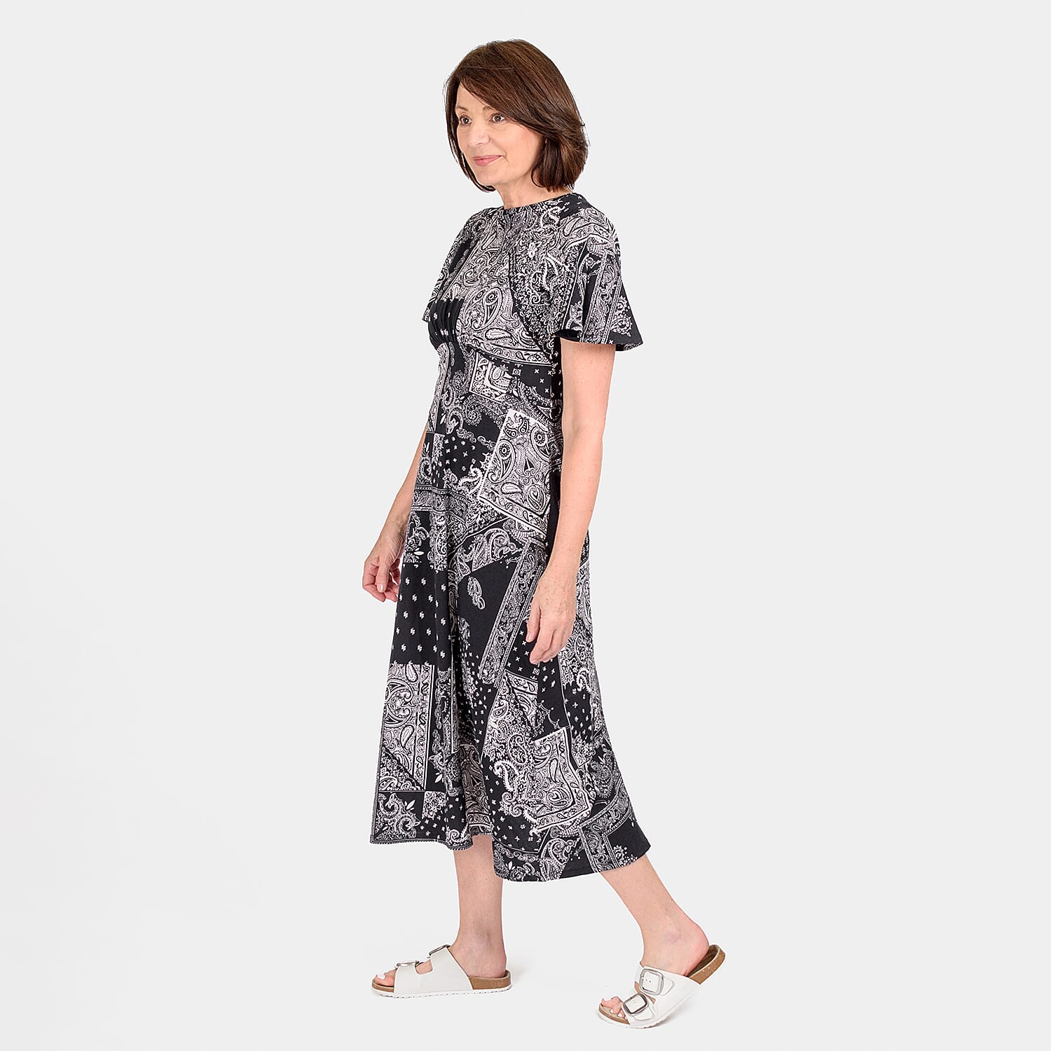 100% Cotton Printed Pattern Maxi Dress (Size 16) - Black - White