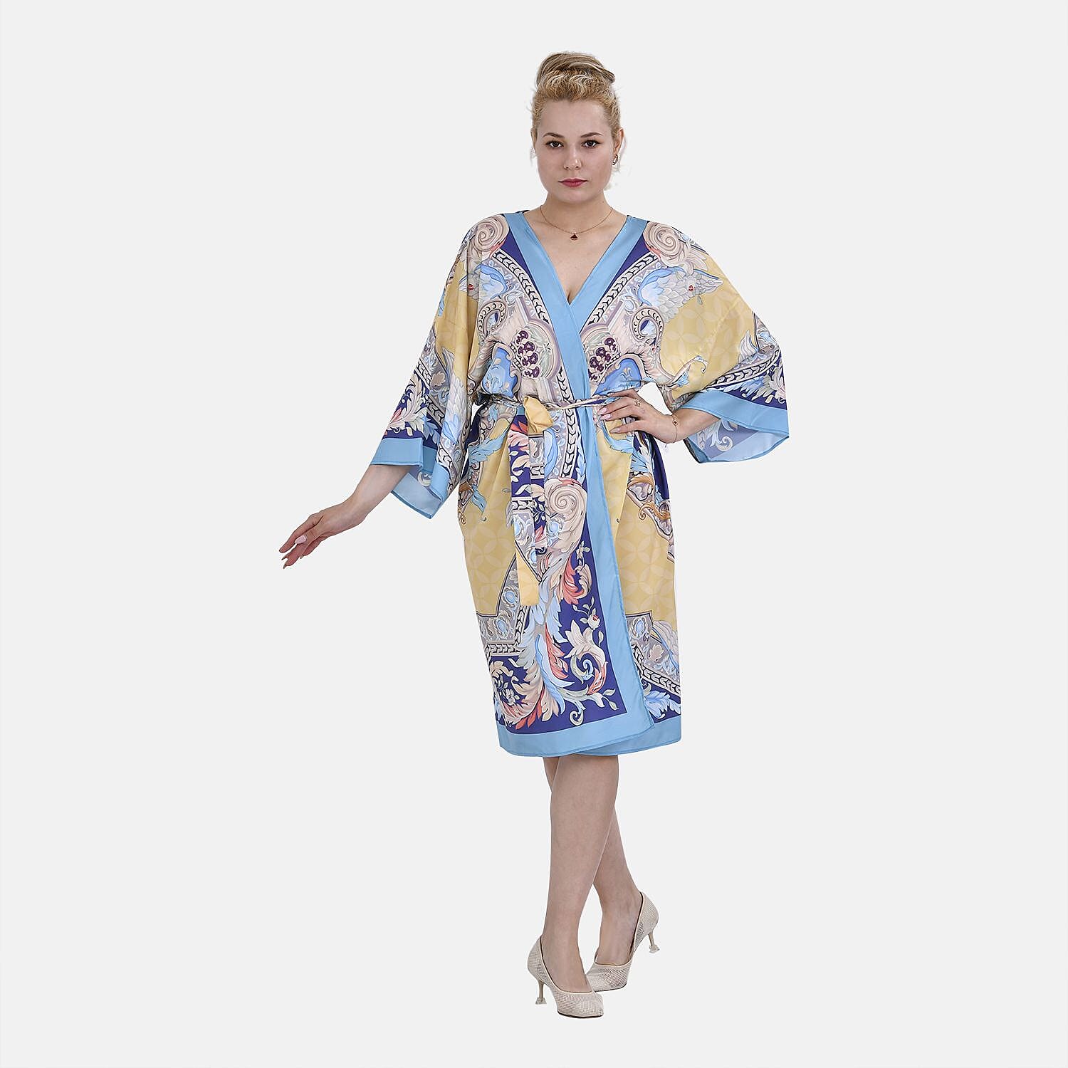 Closeout Deal Floral Printed Long Kimono (One Size) - Golden - Royal Blue