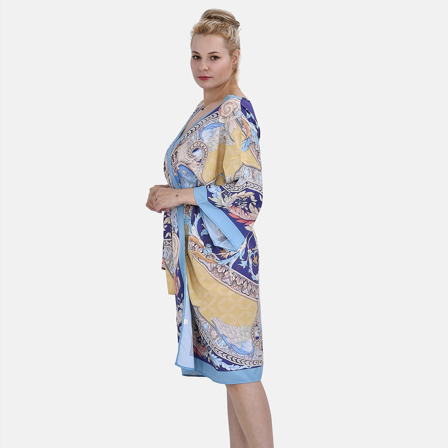 Closeout Deal Floral Printed Long Kimono (One Size) - Golden - Royal Blue