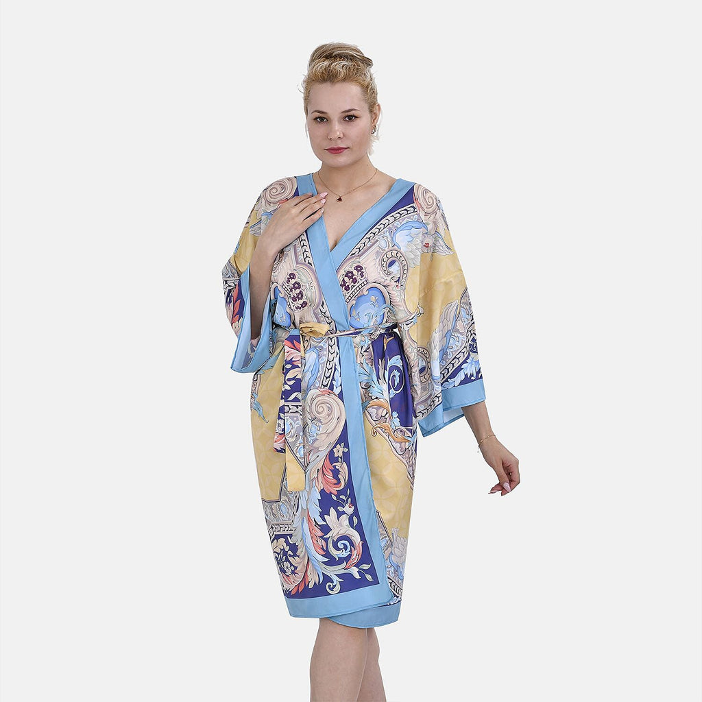 Closeout Deal Floral Printed Long Kimono (One Size) - Golden - Royal Blue