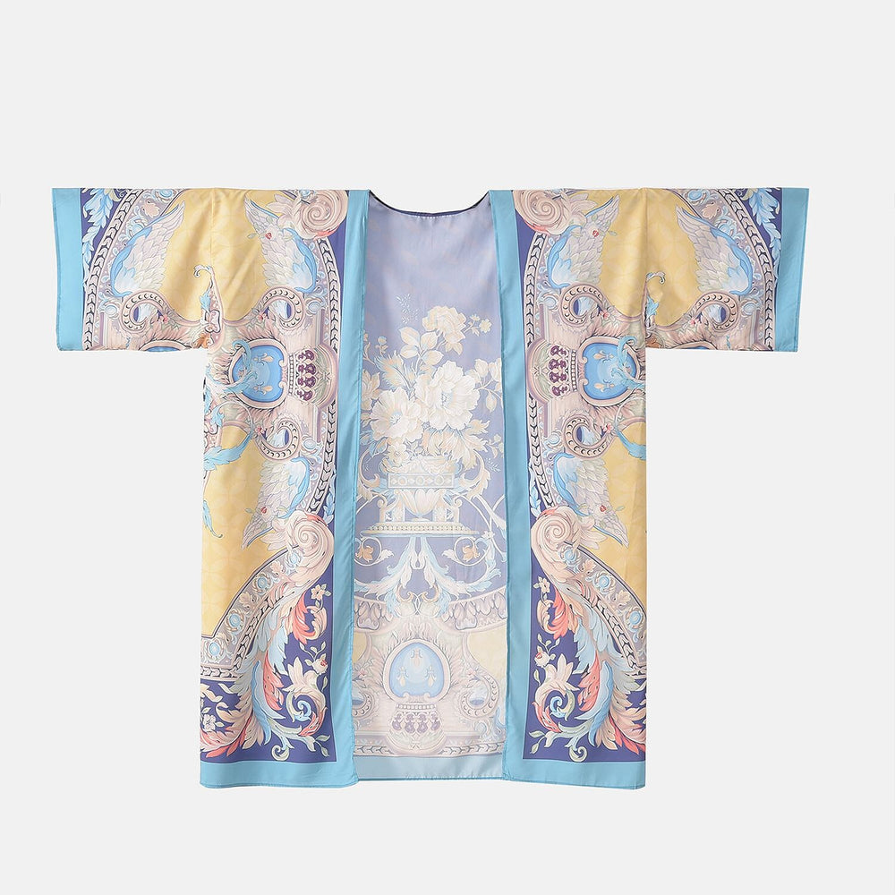 Closeout Deal Floral Printed Long Kimono (One Size) - Golden - Royal Blue