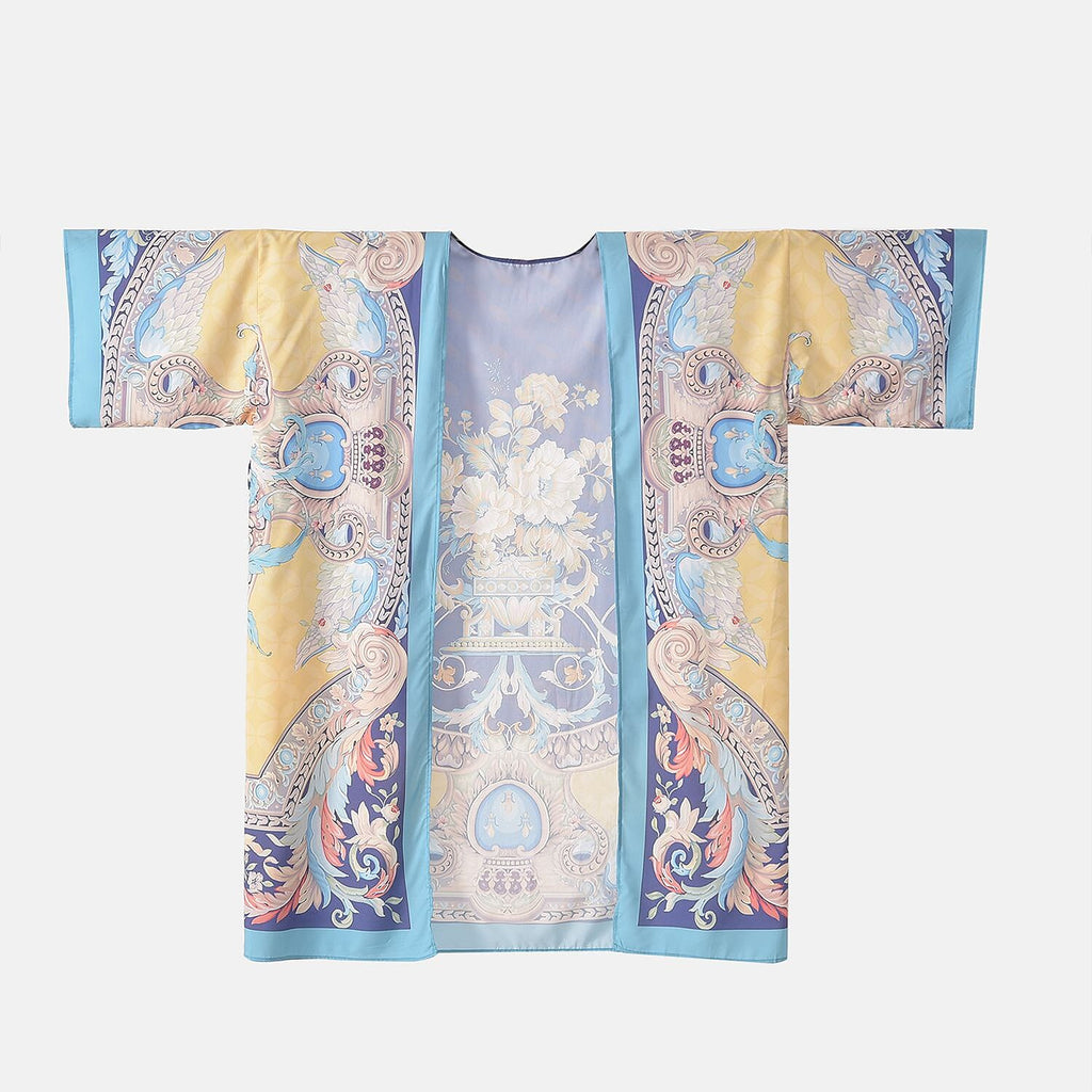 Closeout Deal Floral Printed Long Kimono (One Size) - Golden - Royal Blue