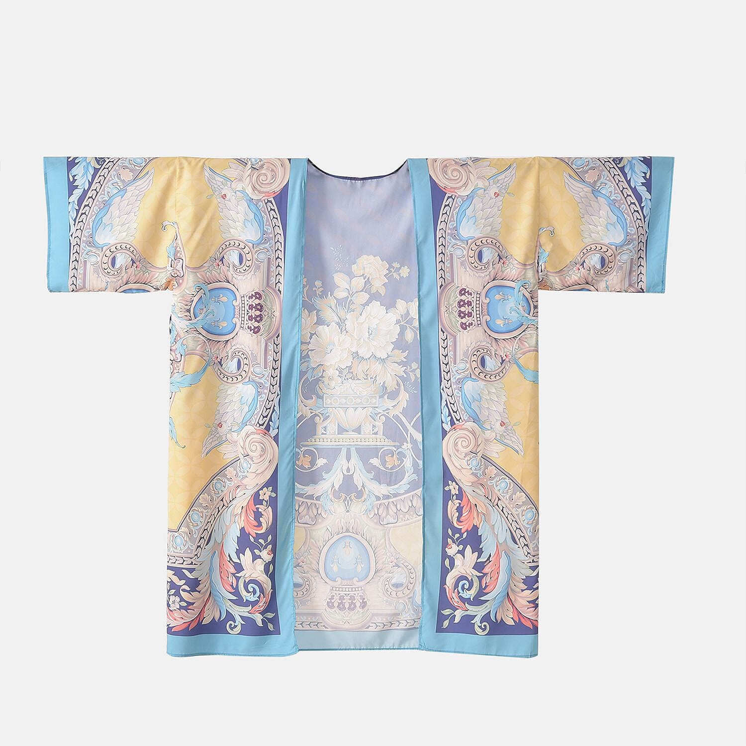 Closeout Deal Floral Printed Long Kimono (One Size) - Golden - Royal Blue