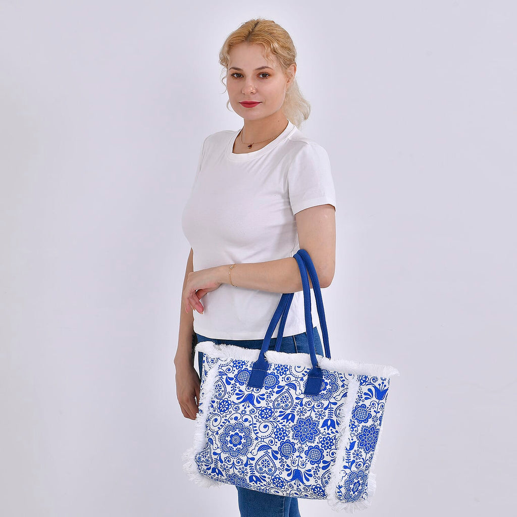 Floral Pattern Tote Bag with Handle Drop - Blue