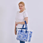Floral Pattern Tote Bag with Handle Drop - Blue