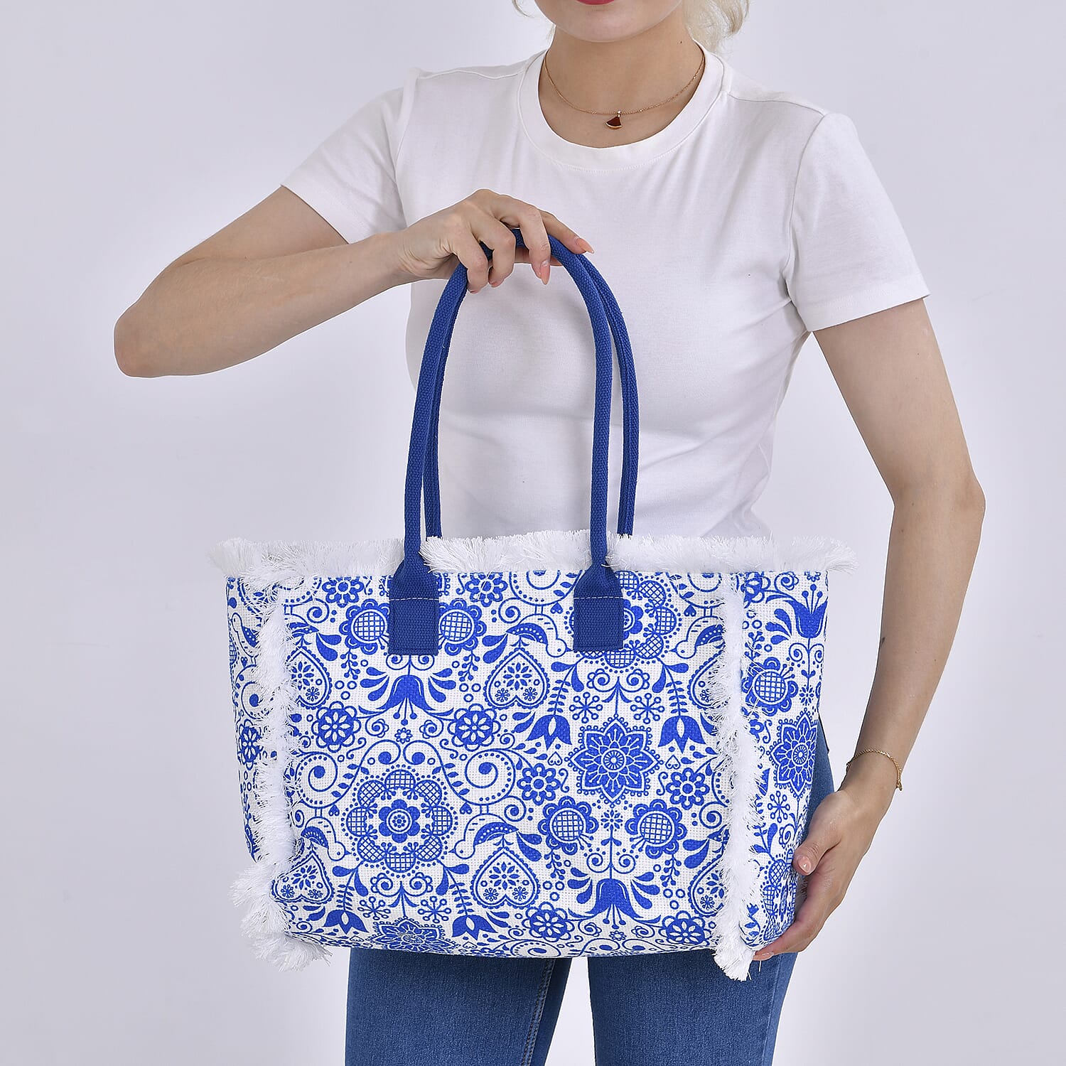 Floral Pattern Tote Bag with Handle Drop - Blue